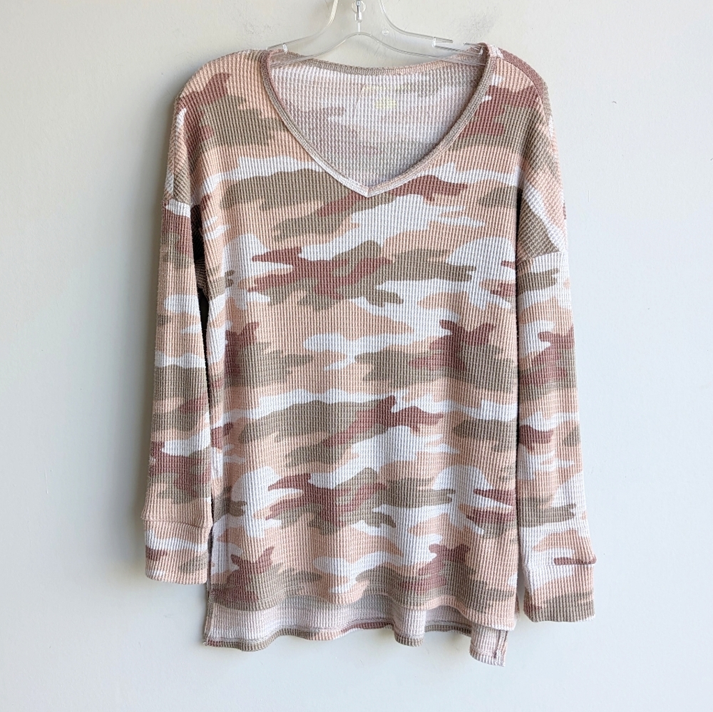 American Eagle waffle knit camo long sleeve top - pink green